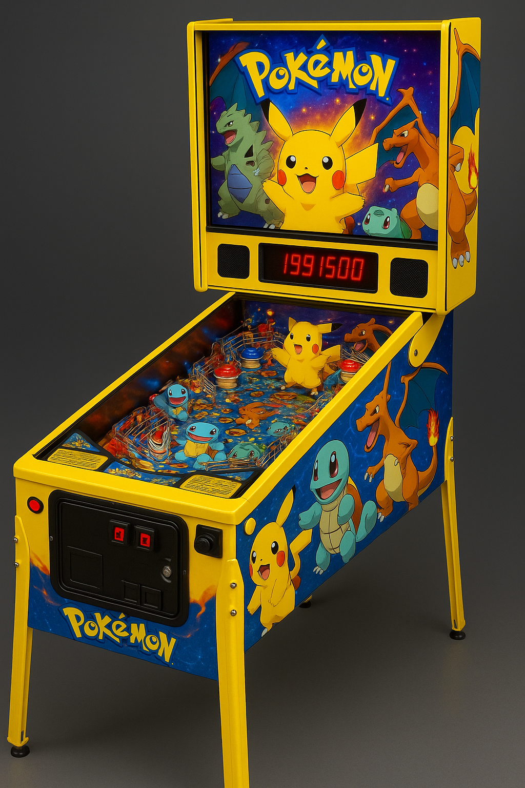Pikachu Pokemon pinball machine from Stern in a yellow cabinet