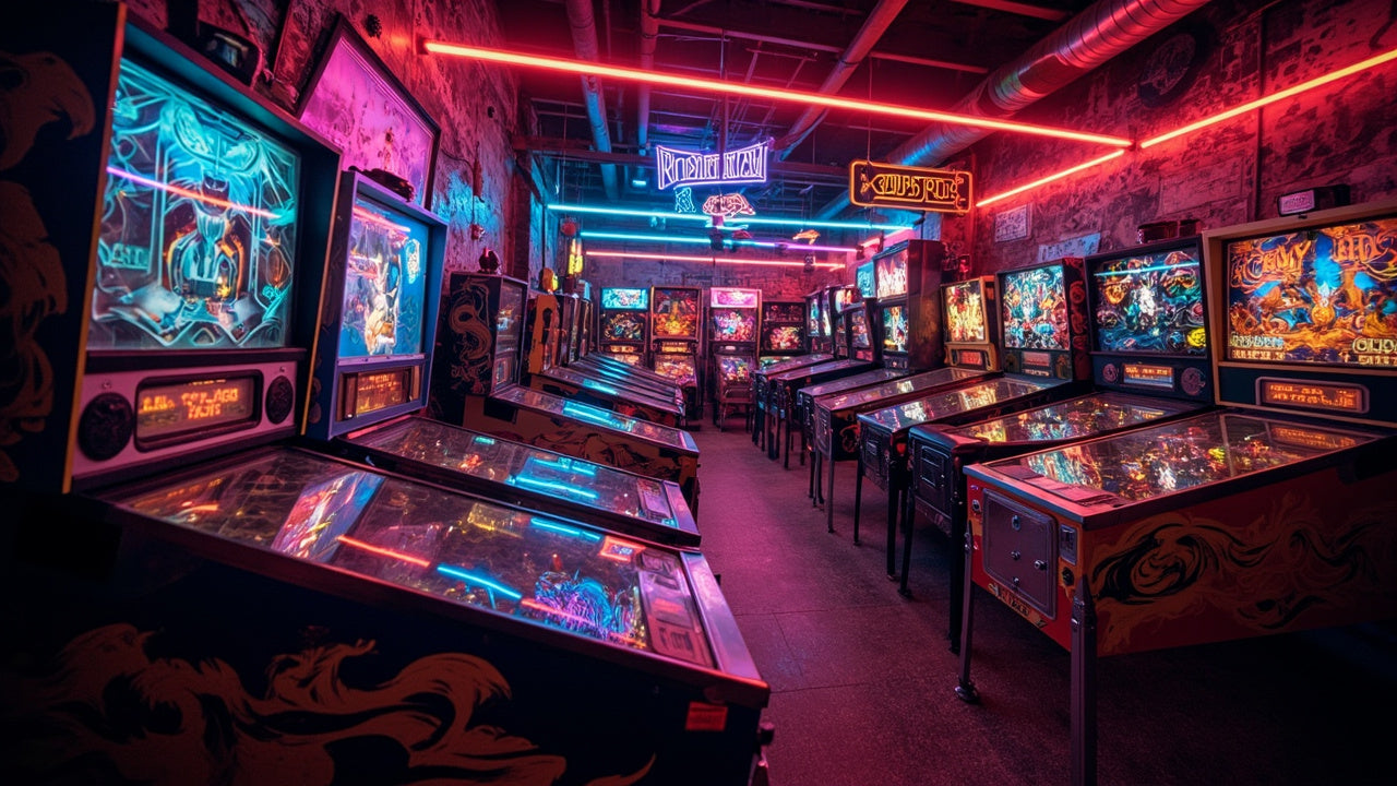 colorful game room with glowing pinball machines and lively arcade atmosphere