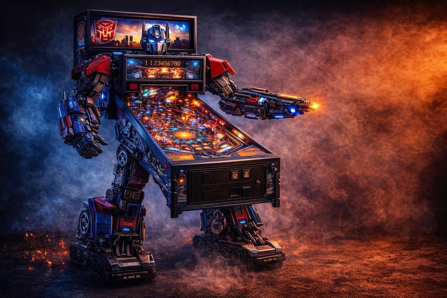 row of illuminated pinball machines in a colorful, nostalgic arcade setting