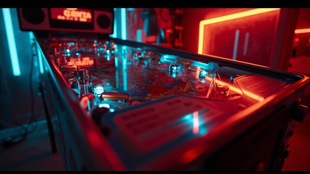 glowing pinball machine in a home game room with vibrant arcade lighting