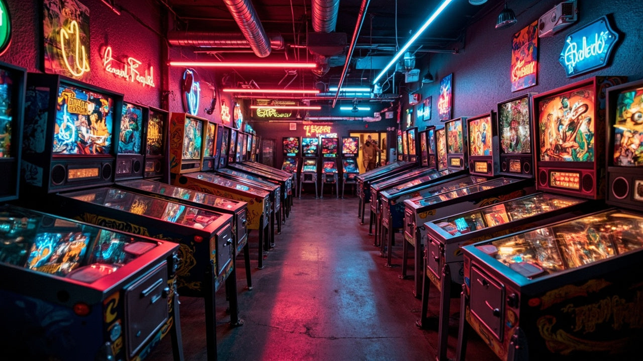 colorful pinball machines in a neon-lit game room with a lively retro vibe